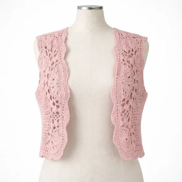 Vtg Y2K Lace Fairy Crochet Sleeveless Cardigan Sz L Pink Coquette Twee Festival - Picture 1 of 9